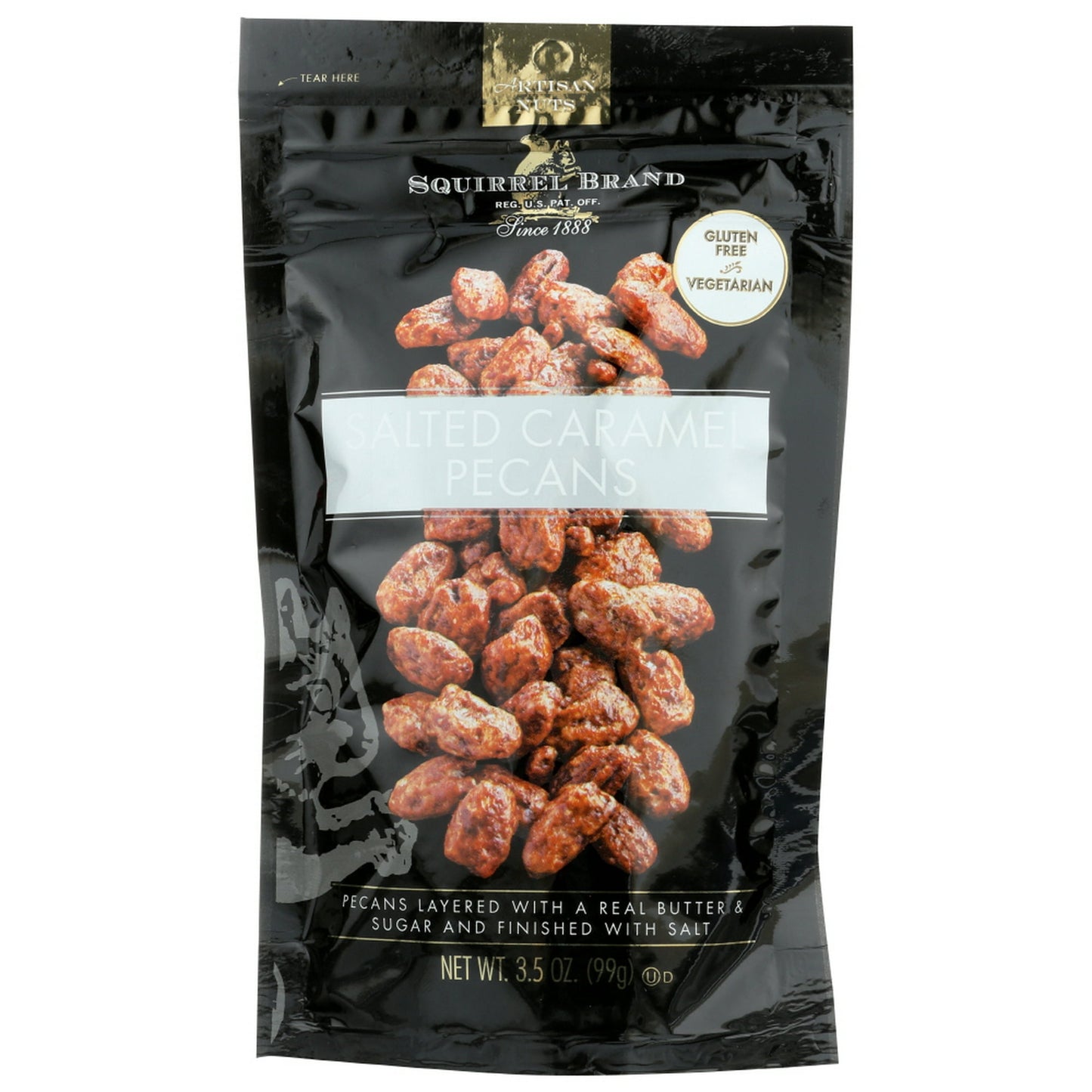 SQUIRREL BRAND ARTISAN NUTS, SALTED CARAMEL PECANS ARE A HIGH QUALITY FLAVORED NUT. DUSTED WITH SEA SALT AND ITALIAN BLACK TRUFFLES, THESE TOASTED ALMONDS ARE A HEALTHY AND DELICIOUS SNACK OPTION. SQUIRREL BRAND ARTISAN NUTS USE SPECIALLY HARVESTED NUTS AND OTHER NATURAL INGREDIENTS TO ACHIEVE THEIR UNIQUE FLAVORS. THIS PRODUCT IS KOSHER, GLUTEN FREE AND VEGETARIAN FRIENDLY. EACH BAG OF SQUIRREL BRAND ARTISAN NUTS, SALTED CARAMEL PECANS WEIGHS 3.5 OZ. AND CONTAINS 3 SERVINGS PER BAG WITH 100 CALORIES PER SE