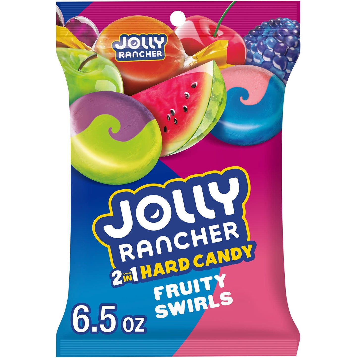 A mix of three 2-in-1 fruity favorites for the whole family in just one bag of hard candy? You wouldn't have thought it possible if you didn't know JOLLY RANCHER hard candy. Each delicious piece of individually wrapped fruit flavored hard candy in this bag will stay fresh until it's time for a new bag. Featuring grape and green apple, blue raspberry and watermelon, as well as orange and cherry flavors, this JOLLY RANCHER hard candy will take your taste buds on a journey straight to the tropics.