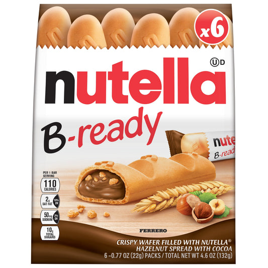 Introducing Nutella B-ready, a ready-to-enjoy Nutella experience that's individually wrapped and less than 120 calories! Nutella B-ready is the most convenient way to enjoy the unique taste of Nutella in a multitexture combination: a delicious, crunchy wafer shell filled with creamy Nutella and puffed wheat crisps. Nutella B-ready is your new breakfast bar, break-time snack or delicious anytime treat. Wherever you are, Nutella B-ready is the snack bar that helps you get along the day with a smile.