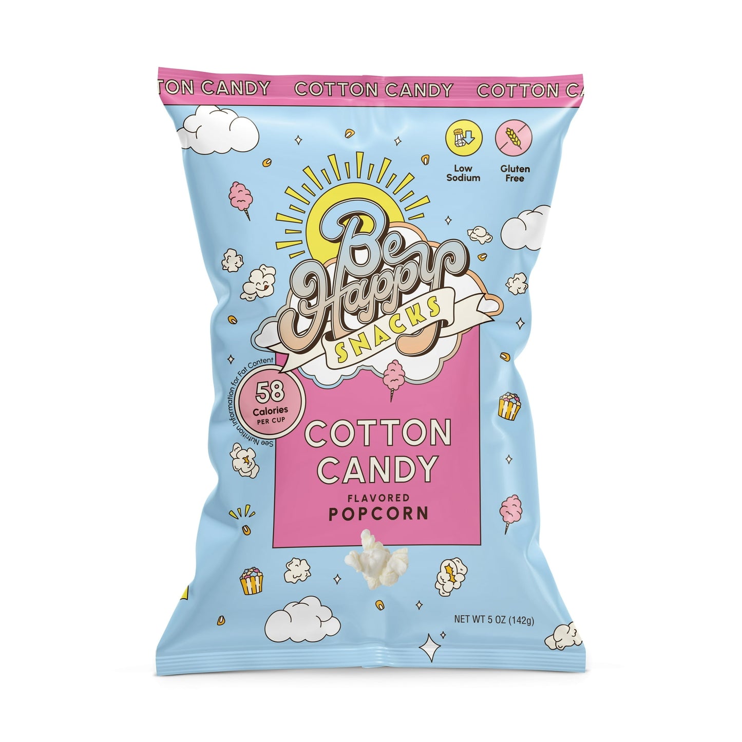 Welcome to Be Happy Snacks! Designed and loved by the D'Amelio family, we're all about sparking joy and satisfying cravings with fun, unexpected snacks that make your taste buds dance. Experience the joy of the carnival from the comfort of your home with Be Happy Snacks 5 oz Cotton Candy Popcorn. Enjoy this surprisingly delightful fusion of sweet cotton candy flavor and popcorn crunch. Gluten-Free.