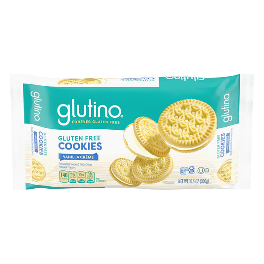 When you're craving a classic vanilla cookie but want to stick to a gluten free snack, Glutino Gluten Free Vanilla Crème Flavored Sandwich Cookies are the perfect choice. These delicious vanilla cookies have a crispy, golden vanilla flavored exterior with a creamy vanilla flavored middle, and make the perfect companion to a glass of milk or bowl of gluten free ice cream. Finally, vanilla stuffed cookies so yummy, you'll forget they're gluten free. Glutino cookies are available in a variety of flavors so you