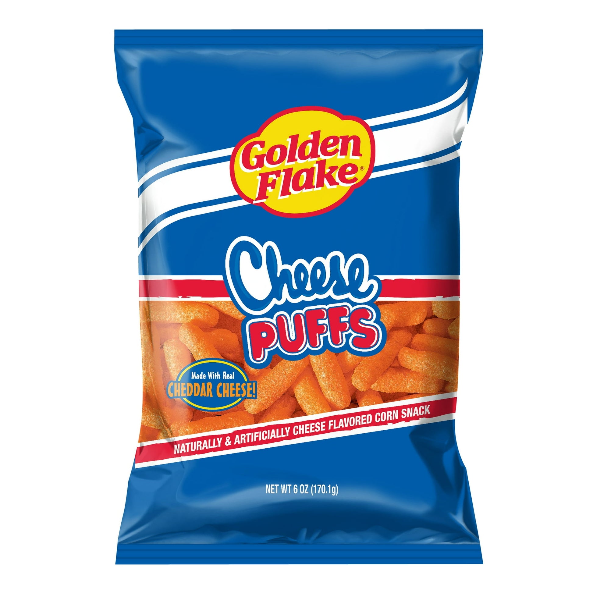 Indulge in the cheesy goodness of Golden Flake Cheese Puffs, now in a convenient 6 oz bag. These irresistible snacks are crafted with care and expertise, delivering a satisfying crunch and a burst of cheesy flavor in every bite. Made from premium corn kernels and seasoned to perfection, each puff is generously coated with rich cheddar cheese seasoning, ensuring a snack experience that's both delicious and satisfying. Whether you're snacking solo, hosting a gathering, or simply craving a cheesy treat, Golden