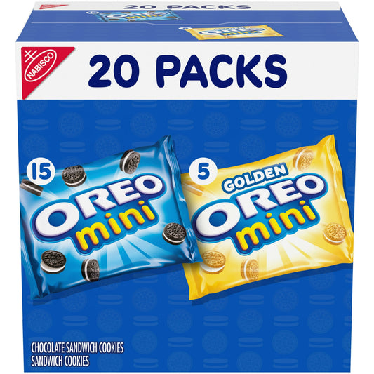 OREO Mini Mix Variety Pack Cookies are a delicious mix of Original and Golden OREO bite sized cookies. These mini cookies are the best of both worlds featuring both chocolate and golden varieties. OREO Minis are great for sharing, enjoying by the handful or topping ice cream. Mini OREO cookies are also great at lunch. Individually packed, these cookie snack packs are great for taking on the go.