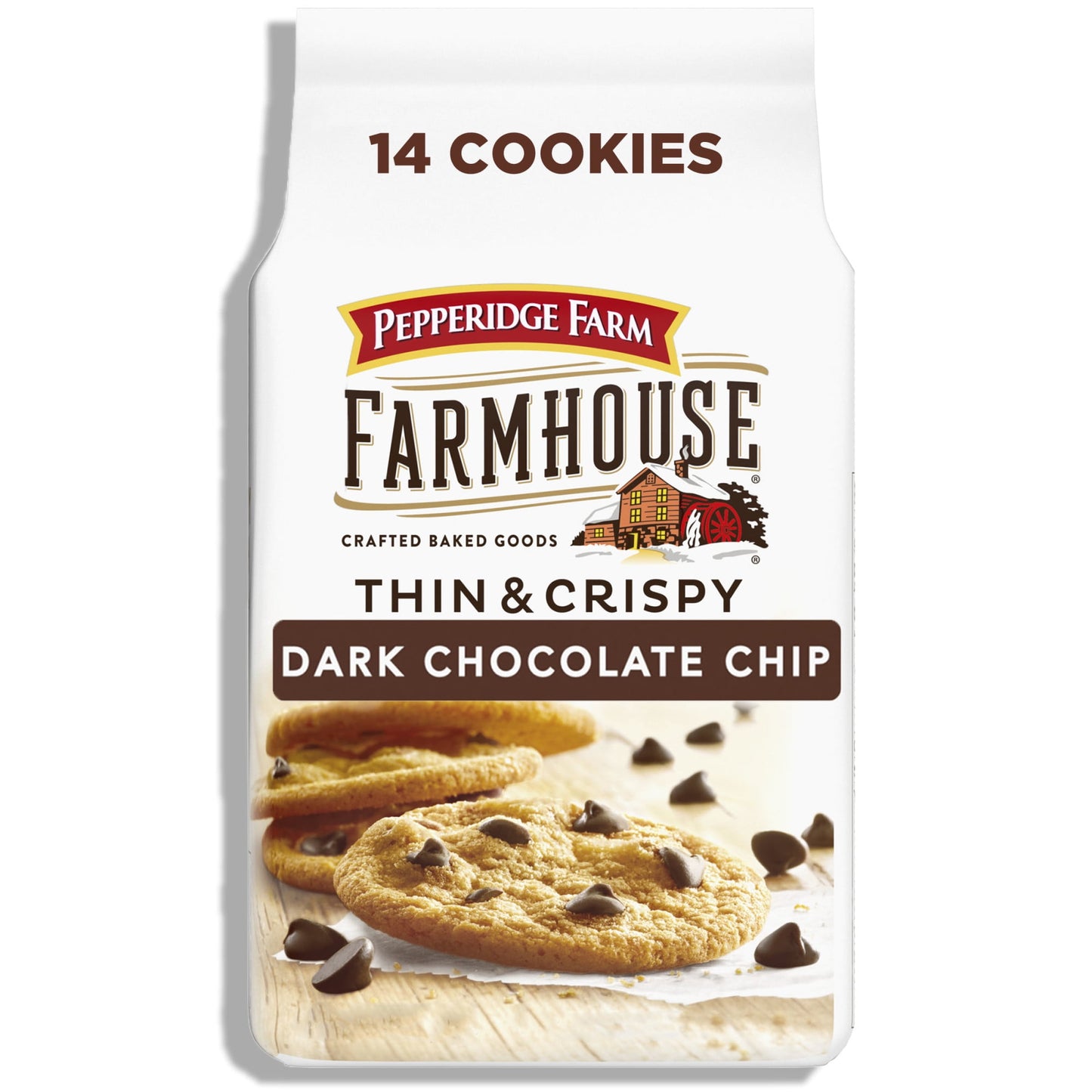 Enjoy the homemade taste of Pepperidge Farm Farmhouse Thin and Crispy Dark Chocolate Chip Cookies. Packed with just the right amount of decadent dark chocolate chips, these delightfully crispy and thin cookies have a rich, buttery flavor that melts in your mouth. Every batch is baked with care and quality ingredients, including creamery butter, cage-free eggs and real vanilla extract. Each 6.9-ounce bag contains 14 crispy cookies and is perfect for sharing or stashing in your pantry to satisfy your cravings