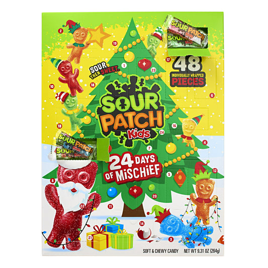 The SOUR PATCH KIDS Holiday Advent Calendar is filled with soft and chewy candy for 24 days of mischievous holiday cheer. Perfect holiday gifts for those on your naughty and nice lists, these limited edition sour candy advent calendars include 48 individually wrapped pieces of SOUR PATCH KIDS Big Kids Soft & Chewy Candy in five fruity flavors for a blast to your taste buds that's SOUR. SWEET. GONE. With kid-shaped chewy gummy snacks that are 2x bigger than the original and two individually wrapped pieces of