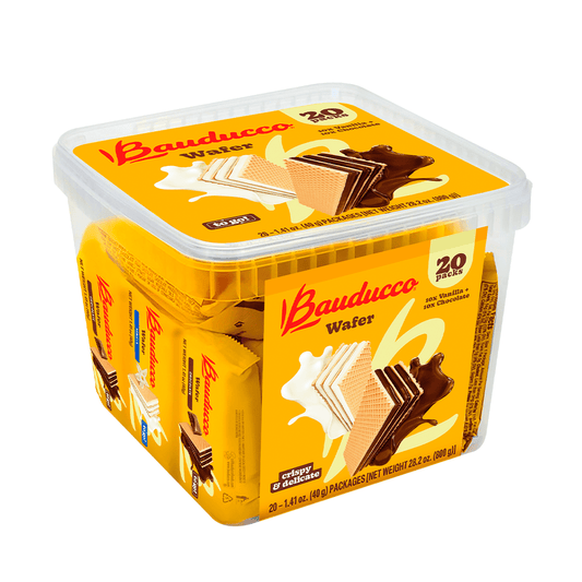 Indulge in the light, delicate flavors of Bauducco's Chocolate & Vanilla Wafer Cookies, a perfect treat for any time of the day. These traditional Italian-style wafers, ideal for on-the-go snacking, come in convenient single-serve packages, making them a must-have for your lunchbox or as a mid-afternoon pick-me-up. Crafted from a generations-old family recipe and baked with the finest ingredients, these wafers are a testament to Bauducco's commitment to quality. Each bite offers three layers of crispy, flav