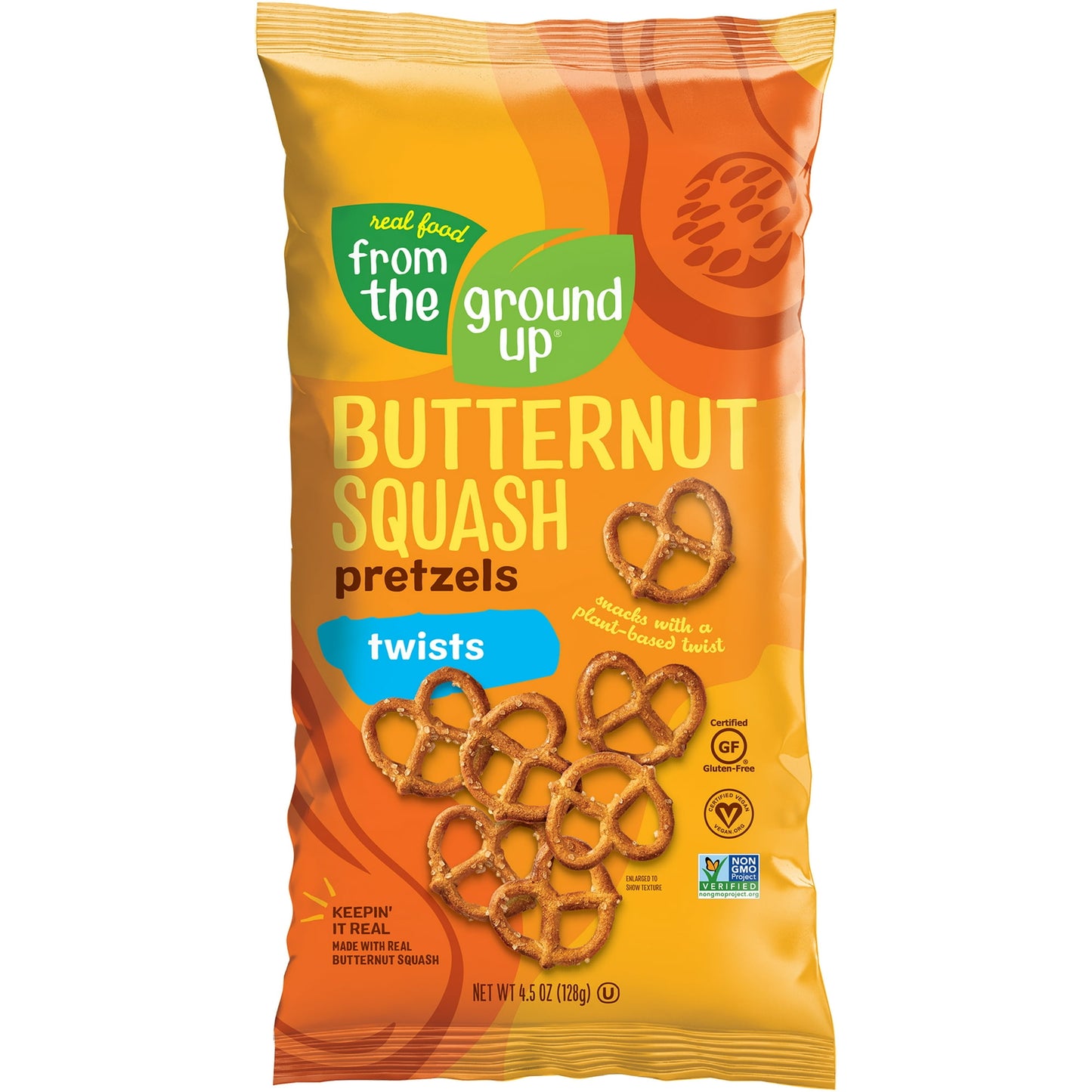 Real Food From The Ground Up’s veggie-filled twist on pretzels. Yep, that’s right – butternut squash to be exact. Shake up your snack game with sea salt flavor. C’mon now let’s twist and snack! Certified snacking that's gluten-free, vegan, and Non-GMO Project Verified. Made with ingredients you can say, including REAL butternut squash and other plant based ingredients, baked into the perfect pretzel. No fillers, just feel good stuff.