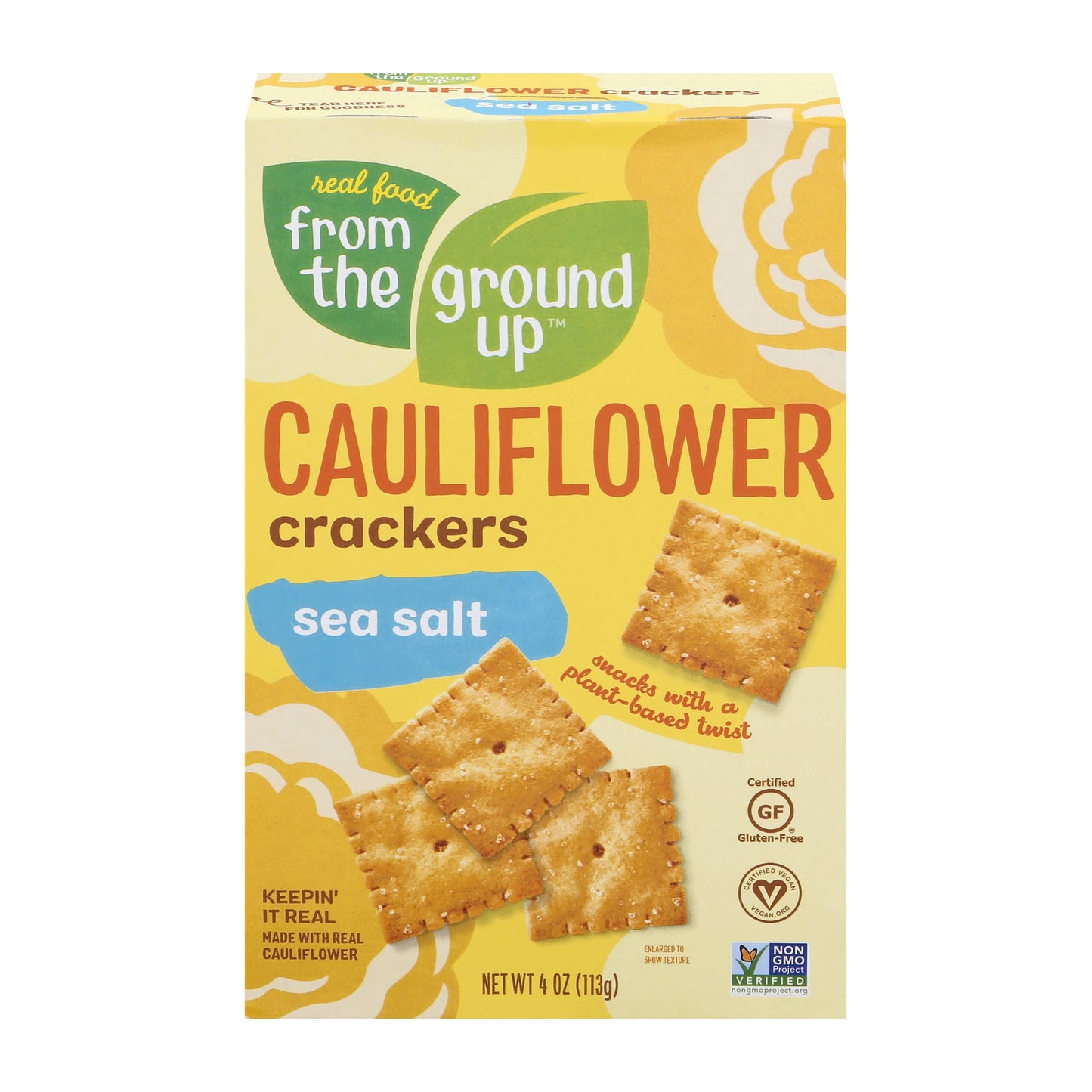 Cauliflower meets Cracker. Game over! Sea salt flavor is a slam dunk in your snack game. What a win! Real Food From The Ground Up offers certified snacking that's gluten-free, vegan, and Non-GMO Project Verified. Made with ingredients you can say, including REAL cauliflower and other plant based ingredients, perfectly baked into light and crispy gluten free crackers. No fillers, just feel good stuff.