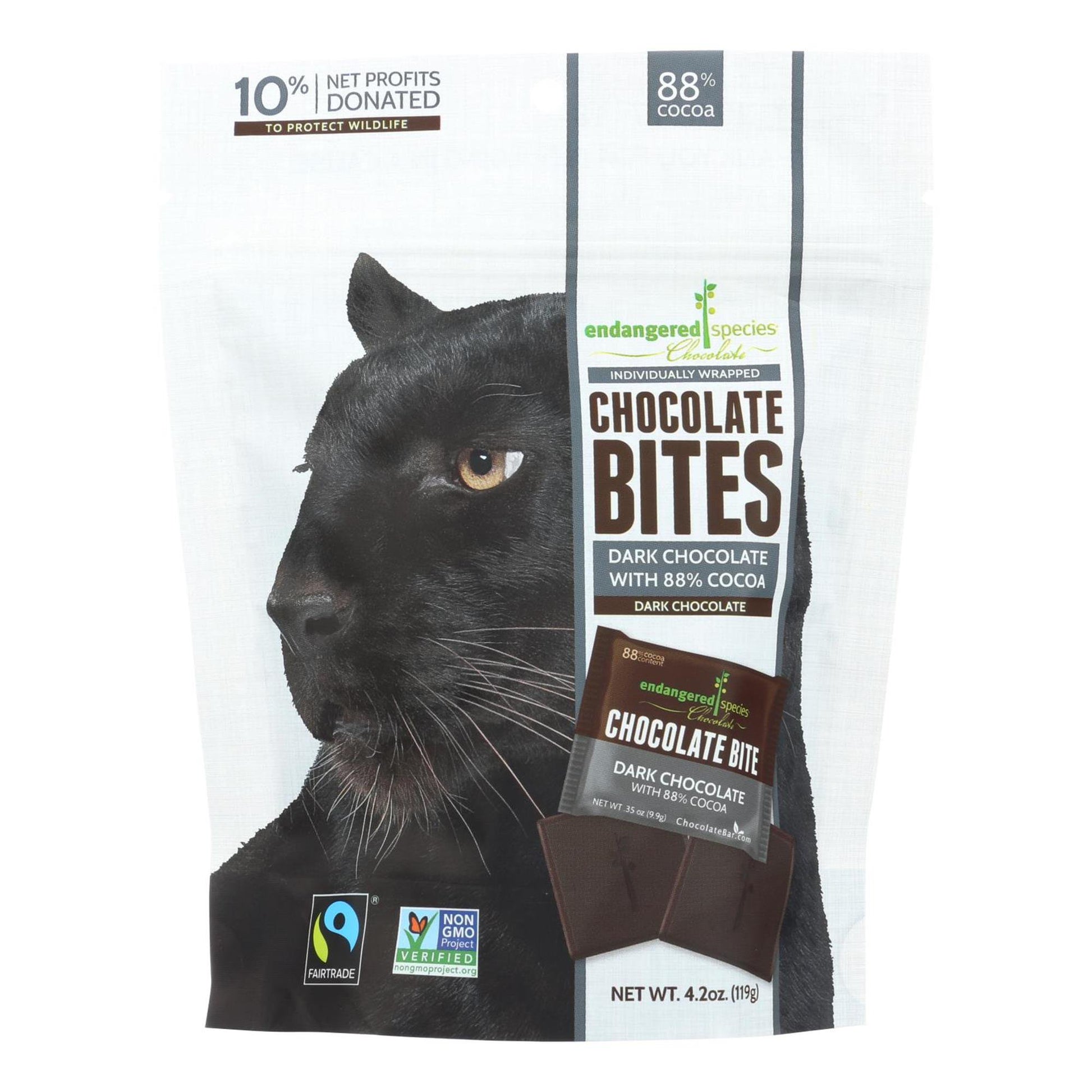 OUR ENDANGERED SPECIES CHOCOLATE DARK CHOCOLATE BITES WITH 88% COCOA CONTAIN CERTIFIED FAIR TRADE DARK COCOA. OUR INDIVIDUALLY-WRAPPED BITES ARE GLUTEN-FREE AND CERTIFIED VEGAN. INCLUDES ONE 4.2 OZ. BAG OF ENDANGERED SPECIES CHOCOLATE DARK CHOCOLATE BITES WITH 88% COCOA. SEE NUTRITION FACTS PANEL FOR ALLERGENS. TO CREATE THE VERY BEST CHOCOLATE, WE USE INGREDIENTS THAT MEET STRICT STANDARDS FOR QUALITY, ETHICAL TRADE AND ENVIRONMENTAL SUSTAINABILITY. EACH BITE HELPS TO FUND ENDANGERED SPECIES PROTECTION. FR