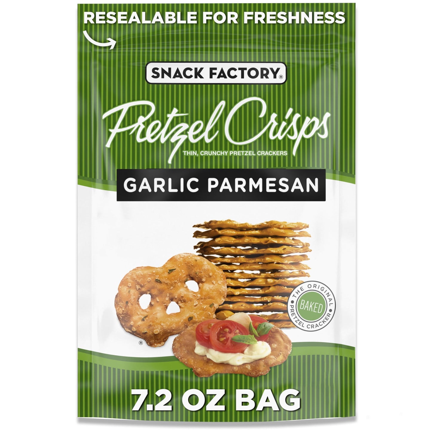 Dip or no dip, Snack Factory Garlic Parmesan Pretzel Crisps are flat-out delicious. Our Garlic Parmesan Pretzel Crisps are just like our Original Pretzel Crisps but all fancied up with savory garlic and zingy Parmesan for big flavor in a crunchy snack. A modern, gourmet twist on an old favorite, these thin and crunchy pretzel chips give you the best part of traditional pretzels without the doughy center. They’re perfectly seasoned and baked just right for a hearty, satisfying crunch in a slim, sturdy shape 