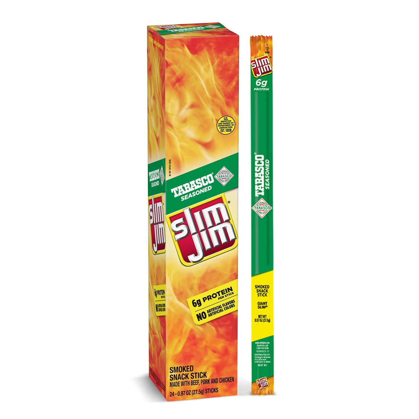 When it comes to snack foods, they say size matters. That’s why Slim Jim Giant Tabasco Seasoned Smoked Meat Stick has a big, meaty flavor for the ginormous meat-lover in you. With 6 grams of protein in each serving, these tasty meat snack sticks easily please your need for beef. They come individually wrapped, so you can enjoy a king-size protein snack anywhere you want. Satisfy your hunger with a Slim Jim Snack Stick, featuring the Tabasco flavor you love. It's a carnivore-pleasing recipe that's not like t