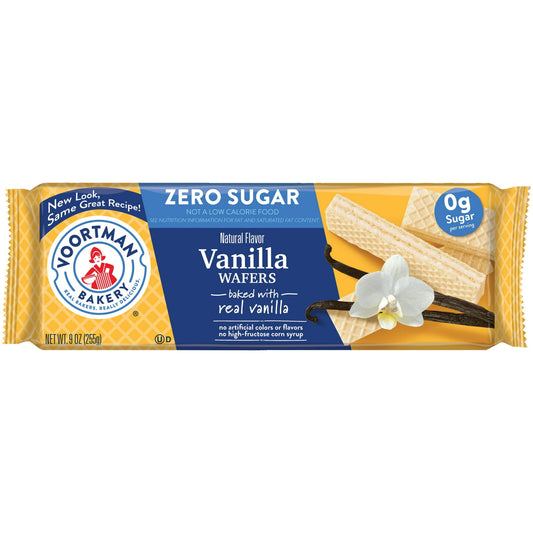 Who needs sugar with a life this sweet? Take a carefree bite out of delicious Voortman bakery zero-sugar vanilla wafers. These crispy wafers will flood your mouth with the delicious taste of vanilla. Plus, there's no high-fructose corn syrup, artificial colors, or flavors, so you can feel better about your treat any time of day. Enjoy them at sunrise, mid-afternoon, or for a late-night snack. When you're on the move, pack them in your bag or lunchbox to come along for the ride. Voortman zero sugar wafers ar