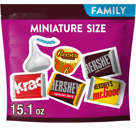 Enjoy a delicious chocolatey candy treat anywhere and anytime with HERSHEY'S and REESE'S Miniatures assorted chocolate candy, perfect for candy dishes and gift boxes. This assorted bag of chocolate candies contains HERSHEY'S KISSES milk chocolate candy, REESE'S Miniatures milk chocolate peanut butter cups, HERSHEY'S milk chocolate bars, HERSHEY'S KRACKEL chocolate candy with crisped rice bars, HERSHEY'S SPECIAL DARK mildly sweet chocolate candy bars and HERSHEY'S MR. GOODBAR chocolate candy with peanuts bar