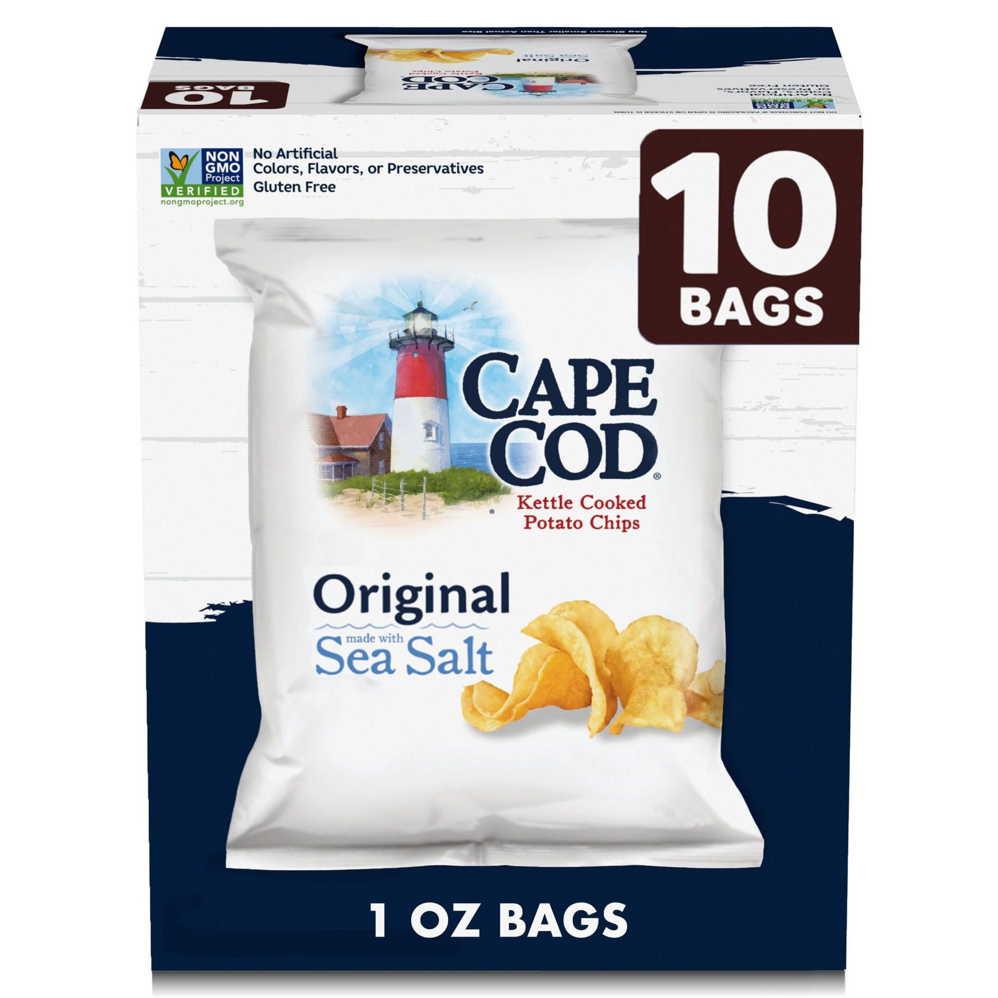 Enjoy 10 individual bags of Cape Cod Original Kettle Cooked Chips made with the pure taste of potato. And you can be sure there’s nothing else like them when it comes to their robust flavor and distinctive crunch. We take choice potatoes, slice them perfectly, add oil and sea salt, then kettle cook them one batch at a time in custom kettles. You can count on potato chips that are cooked precisely at the right temperature until they reach a golden-amber hue. You’ll see that unique shapes and folds mean one-o