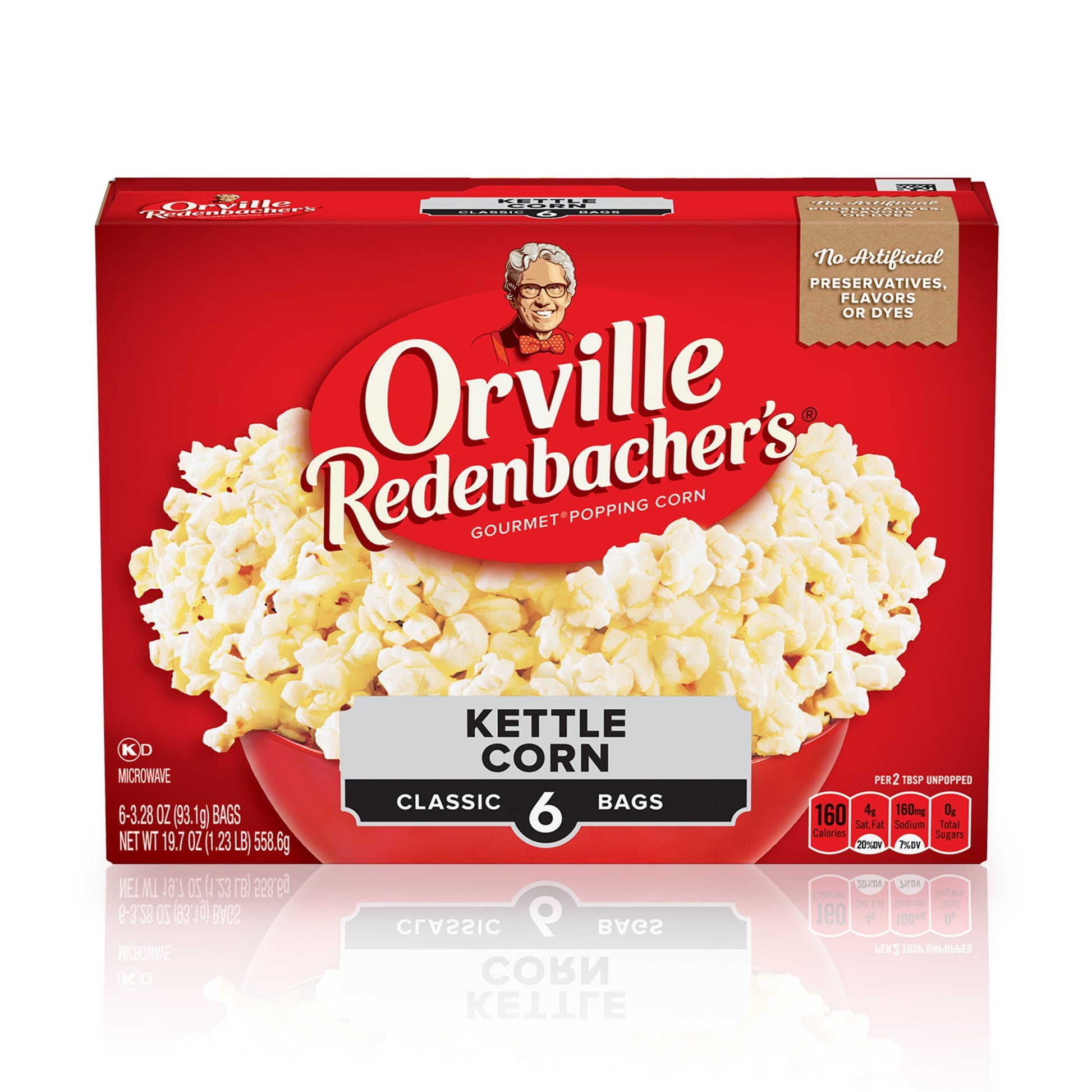 Orville Redenbacher's Kettle Corn kernels are a little bit salty, a little bit sweet, and a whole lot of yummy. Enjoy the delicious flavor that will transport your taste buds to the state fair. Orville Redenbacher's is the only leading brand of microwave popcorn with no artificial preservatives, flavors, or dyes in all of our products, and our 100% whole grain popcorn is made with high-quality, non-GMO kernels. Orville Redenbacher's isn't just a name-it comes with a promise of excellence and authenticity. T