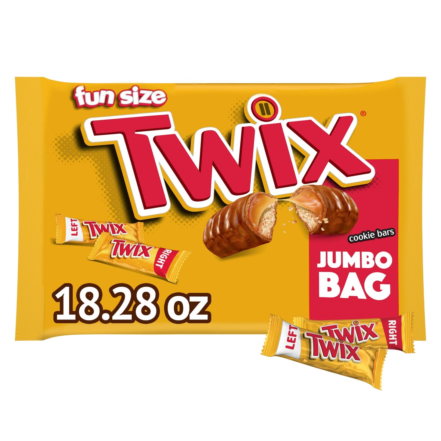 Right TWIX is an amazing pairing of smooth chocolate, crispy cookie, and luscious caramel. Left TWIX is an awesome combination of crunchy cookie, delicious caramel, and creamy chocolate. Try both and pick a side, everyone has one. Fun Size TWIX candy bars gives you plenty of opportunities to decide. Either way, TWIX believes a little bit of joy makes a big difference to your day. Individually wrapped Fun Size candy bars are ideal for keeping the pantry stocked for movie night with the family and small celeb