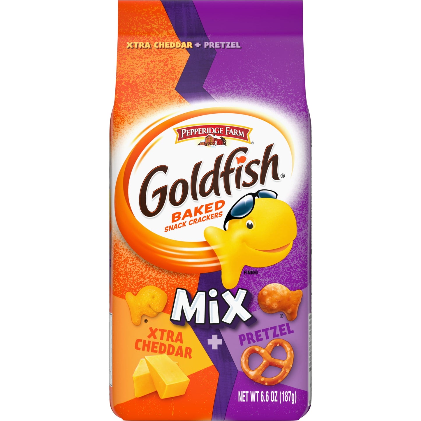 The irresistible little snack that always delights - doubled! Goldfish Flavor Blasted Xtra Cheddar crackers are baked with real cheese for an extreme flavor. Goldfish Pretzel snack crackers are baked to be crisp and tasty. Both are made with no artificial flavors or preservatives. Together, they satisfy all of your cravings. Goldfish snack crackers are perfect for lunch as well as snack-time munching. You can add them to soups, sprinkle them on salads or just simply munch on them as a side with your sandwic