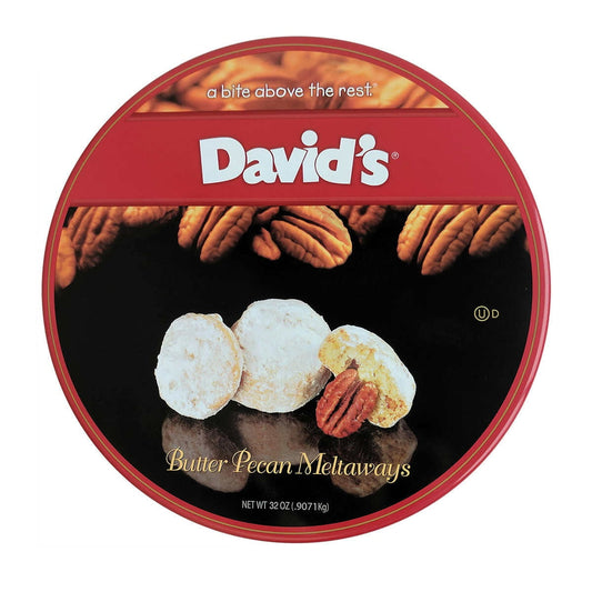 We aim to satisfy every sweet tooth! These delectable butter pecan meltaways are the perfect snack or dessert for the whole family. The treats are made with pure creamy butter and large pecan chunks. They have a dusting of powdered sugar on the top and will crumble and melt in your mouth. Your 2 lbs of meltaways come in David's signature logo red tin. Caution: this product contains wheat, eggs, soy, milk, nuts, trace amounts of peanut and should be avoided by persons with allergies to these foods. 32 oz Tin