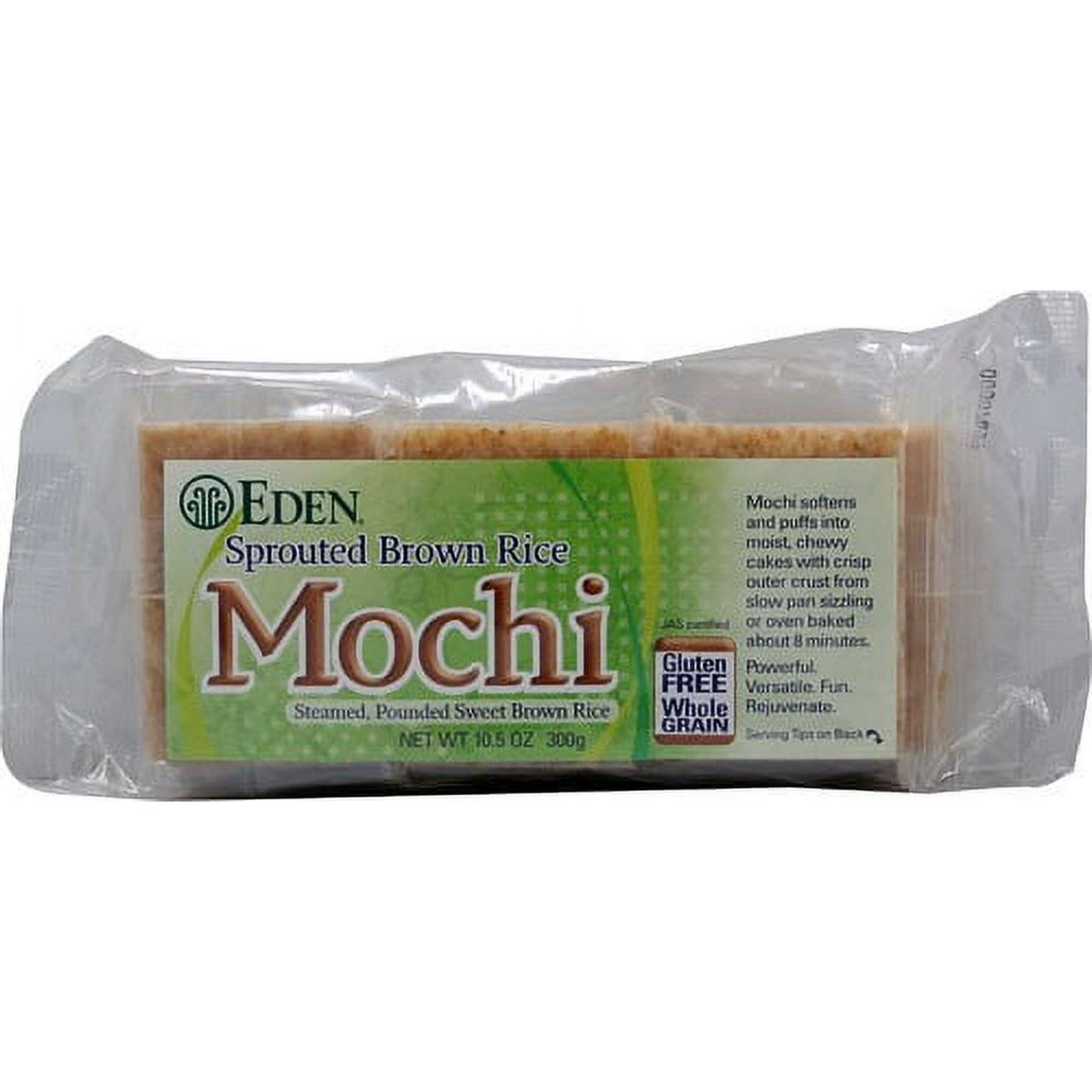 Eden Sprouted Brown Rice Mochi is made from 100% whole grain sweet brown rice, a variety of sticky rice Oryza glutinosa. Mochi means 'pounded rice cake'. The rice is sprouted then laboriously multi-step made by steaming, pounding, and natural air drying. Enzymes released during sprouting aid digestion. Vacuum packed, no refrigeration needed until after opening. Cooked mochi softens and puffs into moist chewy cakes with a crisp outer crust. Great in soups as dumplings and for making crispy waffles. Wheat and