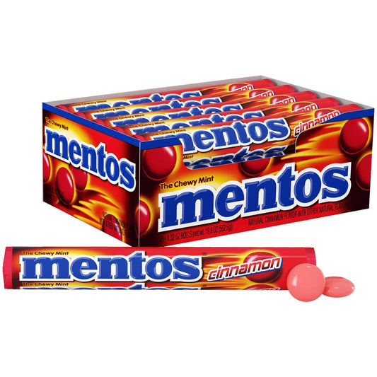 Mentos Chewy Mints are a staple item after a delicious meal, or simply if you want some fresh breath. Good for meetings, public speaking and of course, dating. With the Mentos® Cinnamon Mints bulk box (1.32 oz., 15 ct.), you won't have to worry about bad breath ever again. Peanut and tree nut free. Each box contains 15 Chewy Mint Cinnamon candy rolls. Each 1.32 ounce roll is filled with 14 pieces of regular size Mentos Cinnamon Chewy Mint Candy.