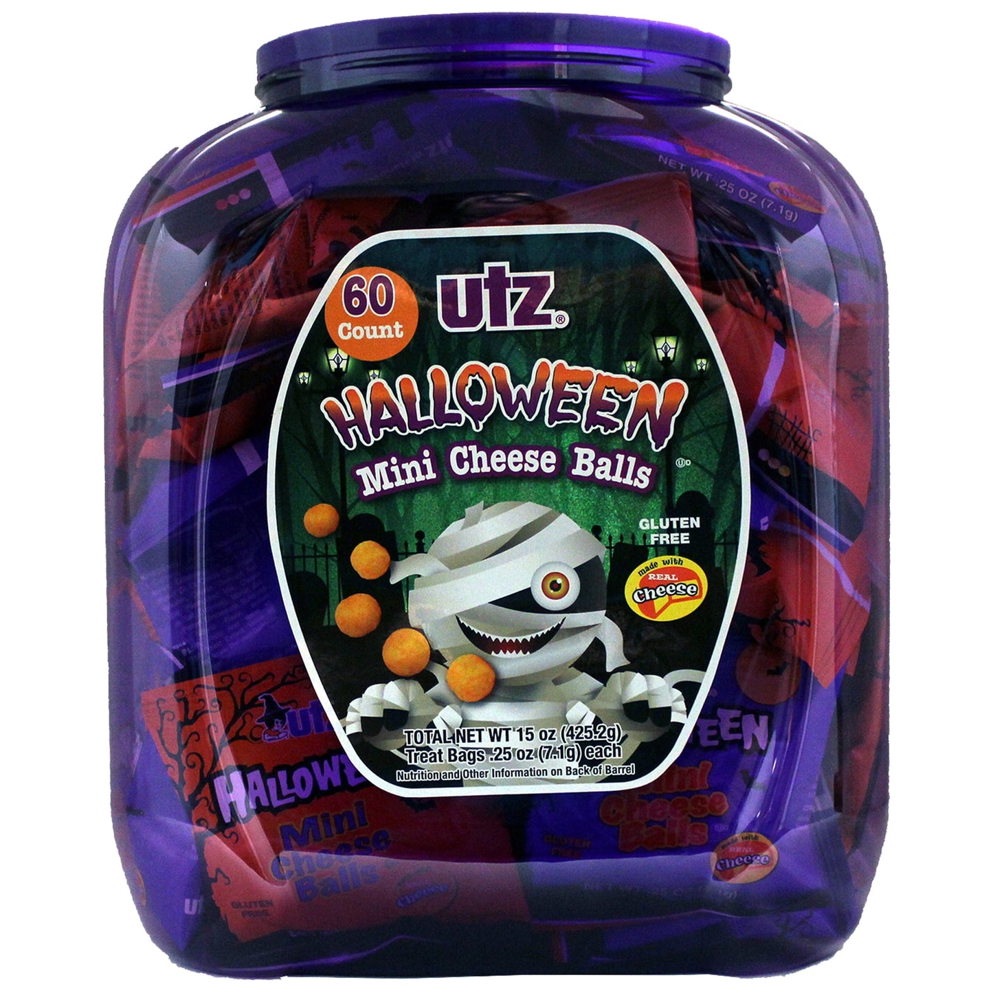 Only available for Halloween these snack barrels contain the perfect sized handouts. Each barrel is filled with 60 .25 oz. bags of Utz mini cheddar cheeseballs.