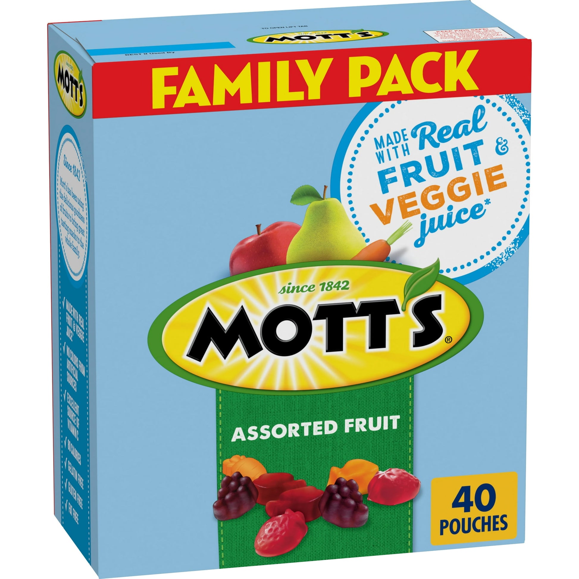 When you need a tasty snack for kids of all ages, choose the juicy taste of Mott's Assorted Fruit Flavored Snacks. Not only are these bite-sized gummies delicious, but they're also made with real fruit and veggie juice.* These gluten free fruit flavored snacks have 60% daily value of vitamin C per serving. They're gelatin free, fat free, 80 calories per pouch, and have no colors from artificial sources. You've found the perfect after school snack that's a win for you and your kids! Individual easy open pouc