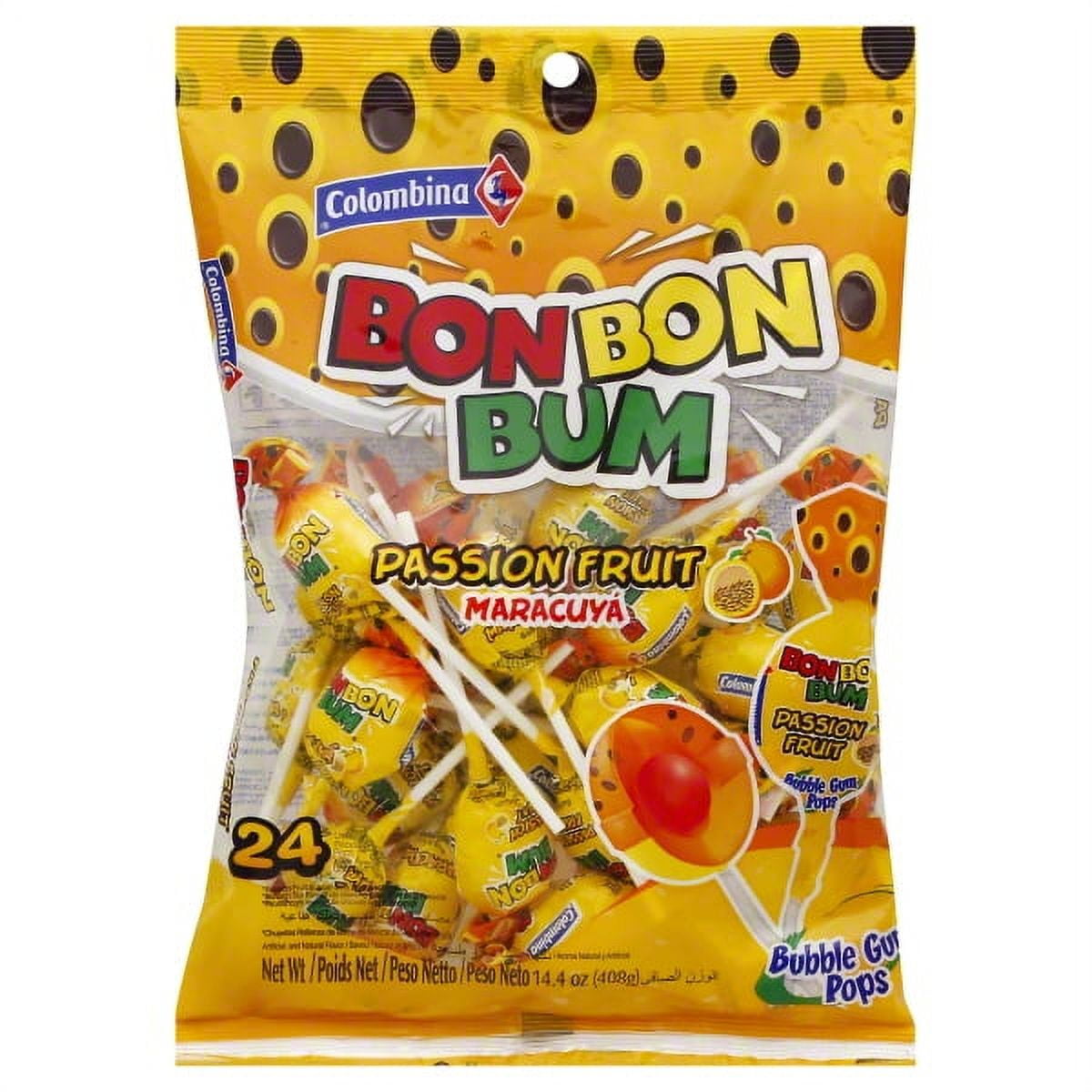 Bubble Gum Pops, Passion Fruit, Bag 24 CT Passion fruit bubble gum lollipops. Artificial and natural flavor. Not labeled for individual sales. Keep in a dry and cool place. Manufactured in a facility that processes peanuts, egg albumin, tree nuts, soy, milk, wheat flour. Hard candies can be slippery and cause choking. Especially in children. Candy may separate from stick during consumption. This product is not intended for children under the age of 6. Enjoyment Tip: Avoid physical activities like running, j