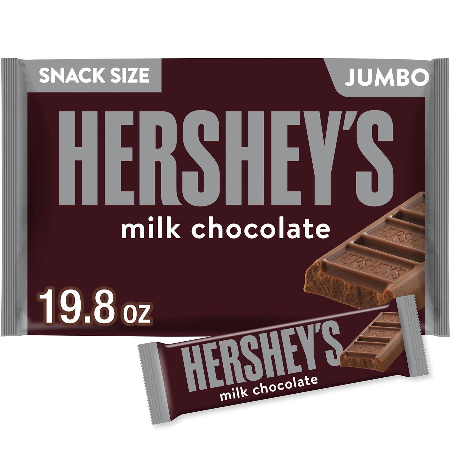 There's happy, and then there's HERSHEY'S happy. Made of the delectable, creamy milk chocolate that's been a classic for decades, HERSHEY'S milk chocolate bars make life more delicious, whether they're enjoyed alone or shared with loved ones. These snack size candies are the perfect treat for countless special and everyday occasions. Keep a jumbo bag on hand for guests and store some in your pantry for convenient snacking when the mood strikes. Show up to movie night with a bag of classic HERSHEY'S bars to 