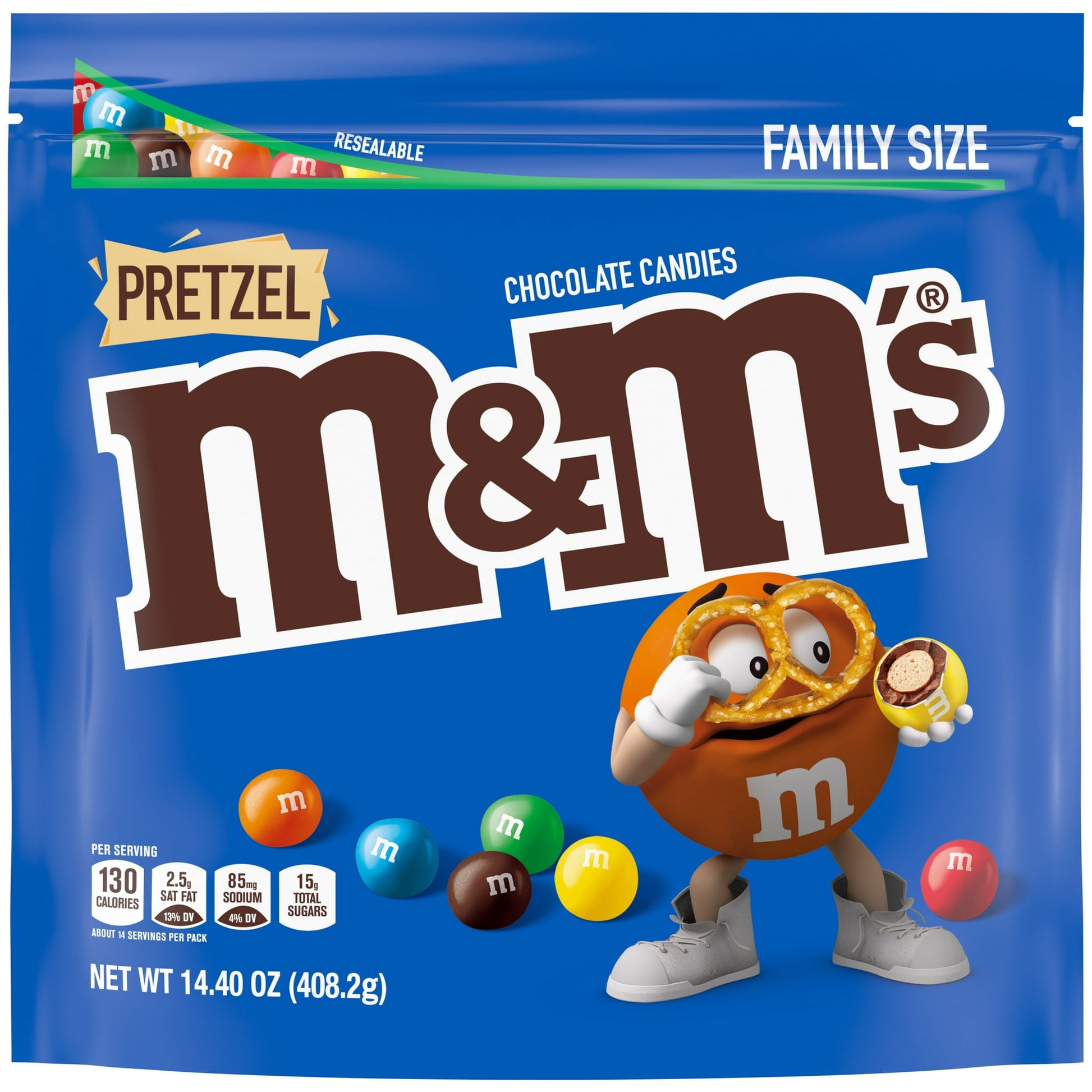 Made with a crunchy, salty pretzel center coated in rich milk chocolate and a colorful candy shell, each bite of Pretzel M&M'S Candy is full of flavor and crunch. These bite-sized chocolate candies make great to-go treats, add-ins for baking and gift baskets. Perfect for parties and celebrations of all kinds, these tasty candies are sure to delight friends and family. Take these pretzel-filled chocolates with you on the go or pass a pack around during study breaks. Stock up with this resealable bag and keep