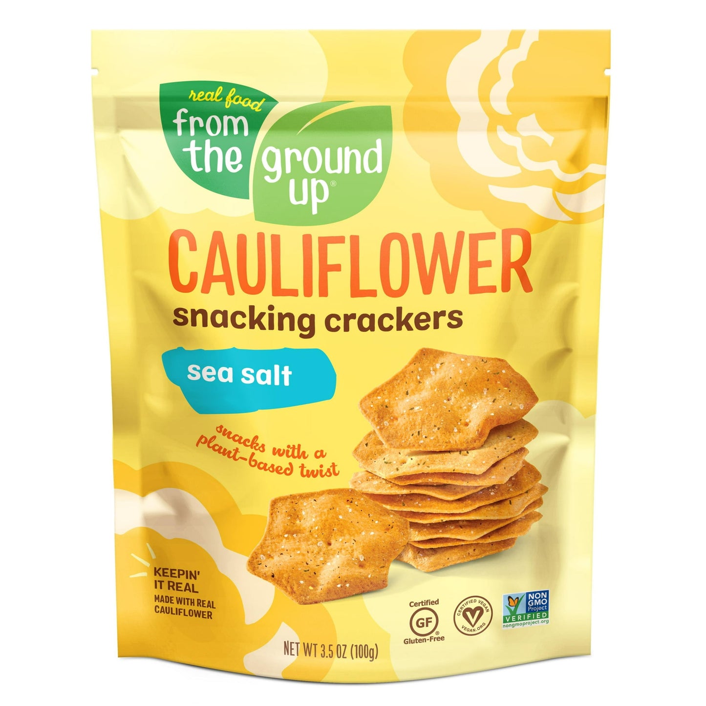 This Cauliflower Snacking Cracker from Real Food From The Ground Up is the cracker your snack spread has been missing! Get your sea salt snack game on, whether you TOP IT, DIP IT, or EAT IT just remember to SNACK IT! Made with ingredients you can say, including REAL cauliflower and other plant based ingredients, perfectly baked into light and crispy gluten free crackers. No fillers, just feel good stuff.