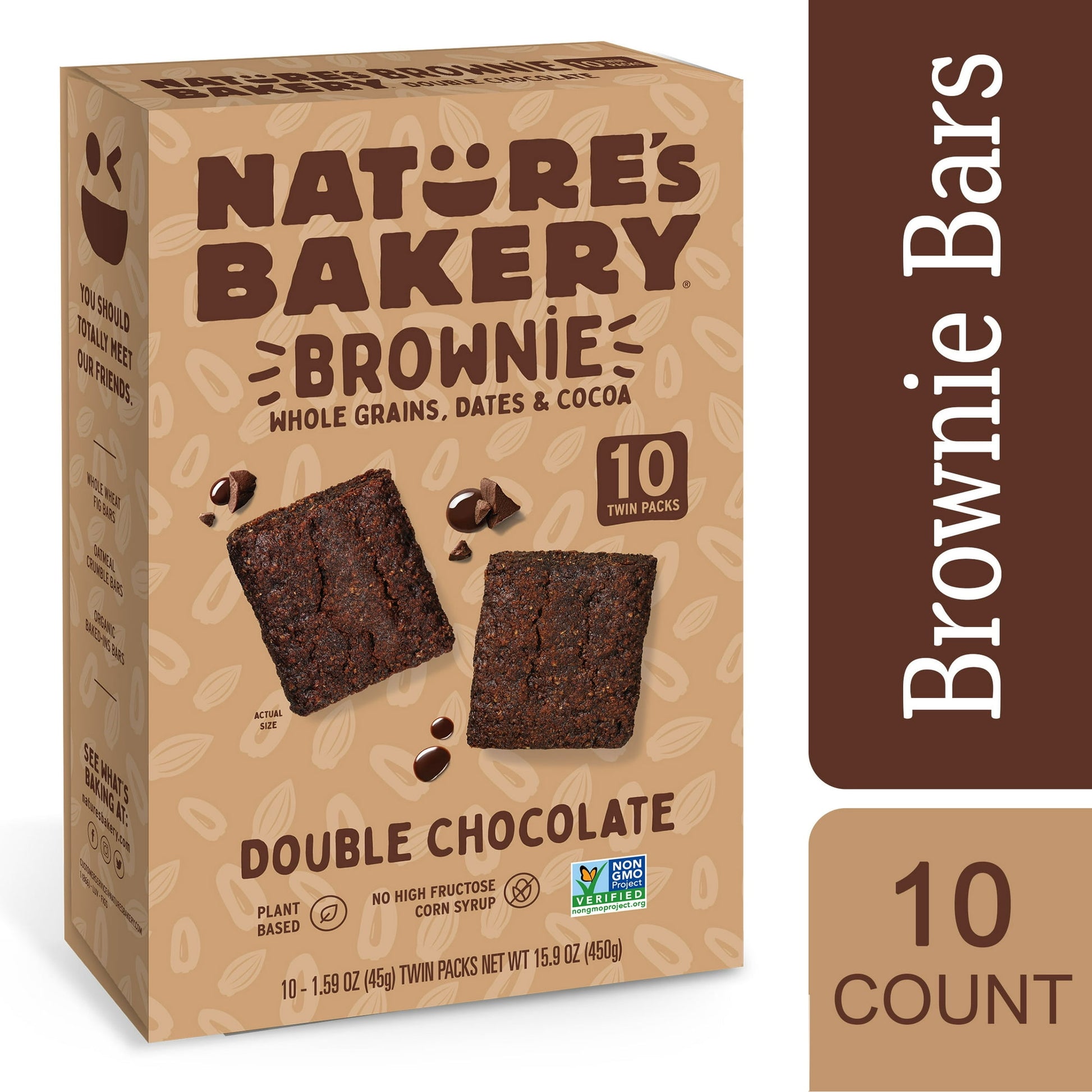 Nature's Bakery, Double Choc Brownie Twin Packs are a delicious and satisfying snack that's also good for you. Made with wholesome whole grains, real cocoa, and dates, these brownie bars are soft-baked and chewy, with a rich, chocolatey flavor. They're the perfect on-the-go snack or after-school treat, and they're a good source of f,iber and protein. Each twin pack contains two 1-ounce bars, so you can enjoy one now and save the other for later. Nature's Bakery Double Choc Brownie Twin Packs are a great way