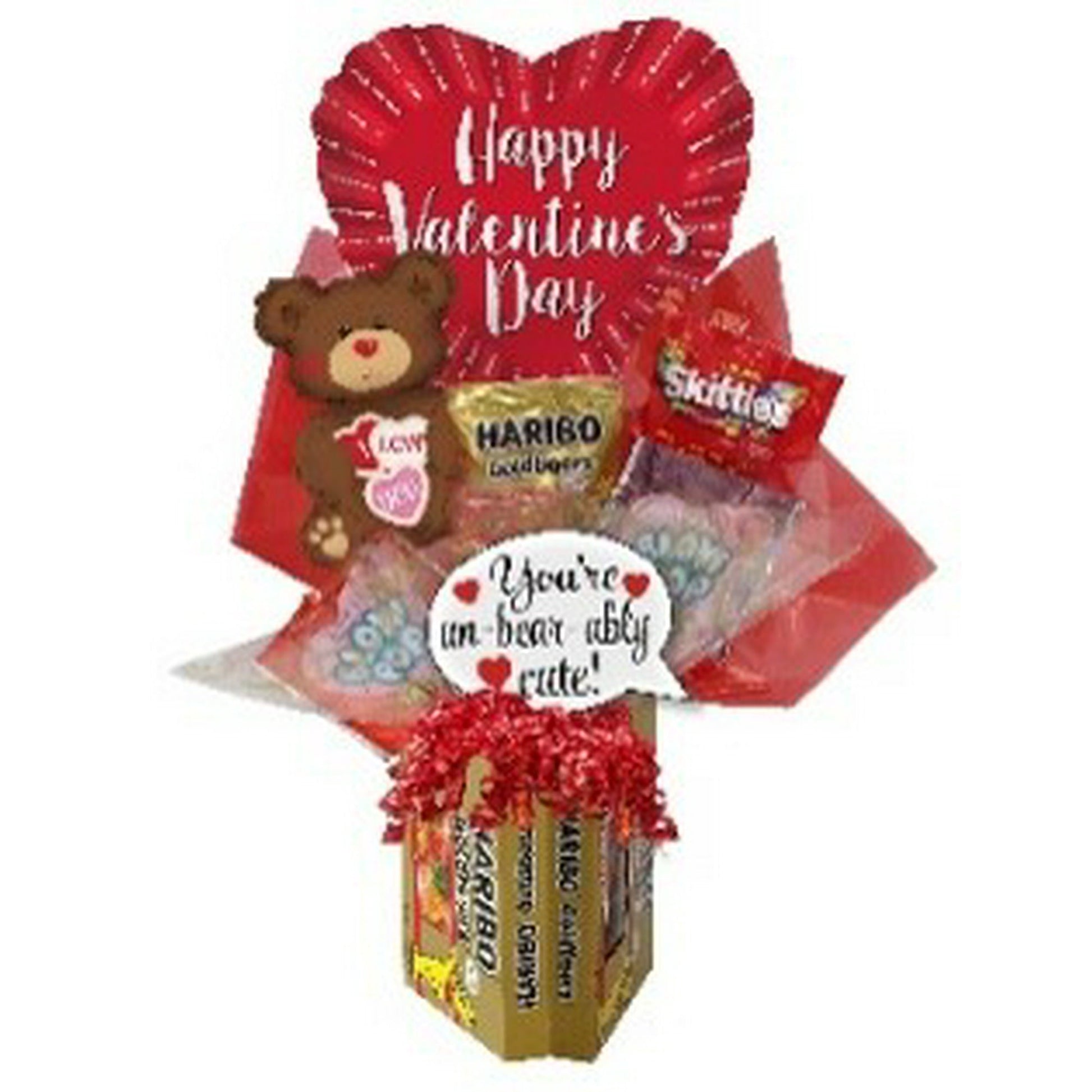 Happy Valentine’s Day! Celebrate this fantastic occasion by giving a gift to that special person, teacher, or friend with this all-edible Valentine's Day Crunchy Haribo Gummie Bear Base Candyblossom Gift Bouquet. Whether a chocolate lover or a sugar one, this perfect gift will most definitely impress! This unique design makes decorating for a Valentines event easy. Comes complete with a "bear" photo prop. Makes a fantastic tabletop centerpiece or a party gift!