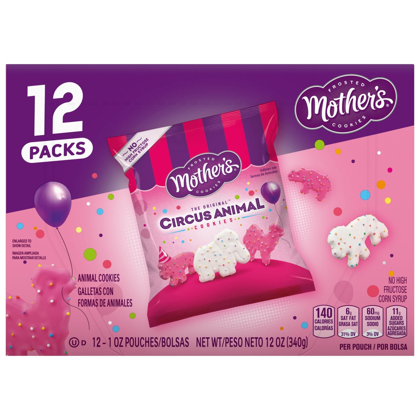 Roar with delight at each crunchy bite! Stop And Taste The Frosting with Mother's Original Circus Animal Cookies and unleash a playful parade of animal-shaped snacks. Every bite-size shortbread cookie is fully frosted pink and white and topped with rainbow sprinkles. The iconic shapes inspire creativity and provide a fun-filled snack experience. Baked with care, it’s no wonder these classic frosted animal cookies have been loved for generations. With 12 convenient individual-size bags, these sweet snacks ar