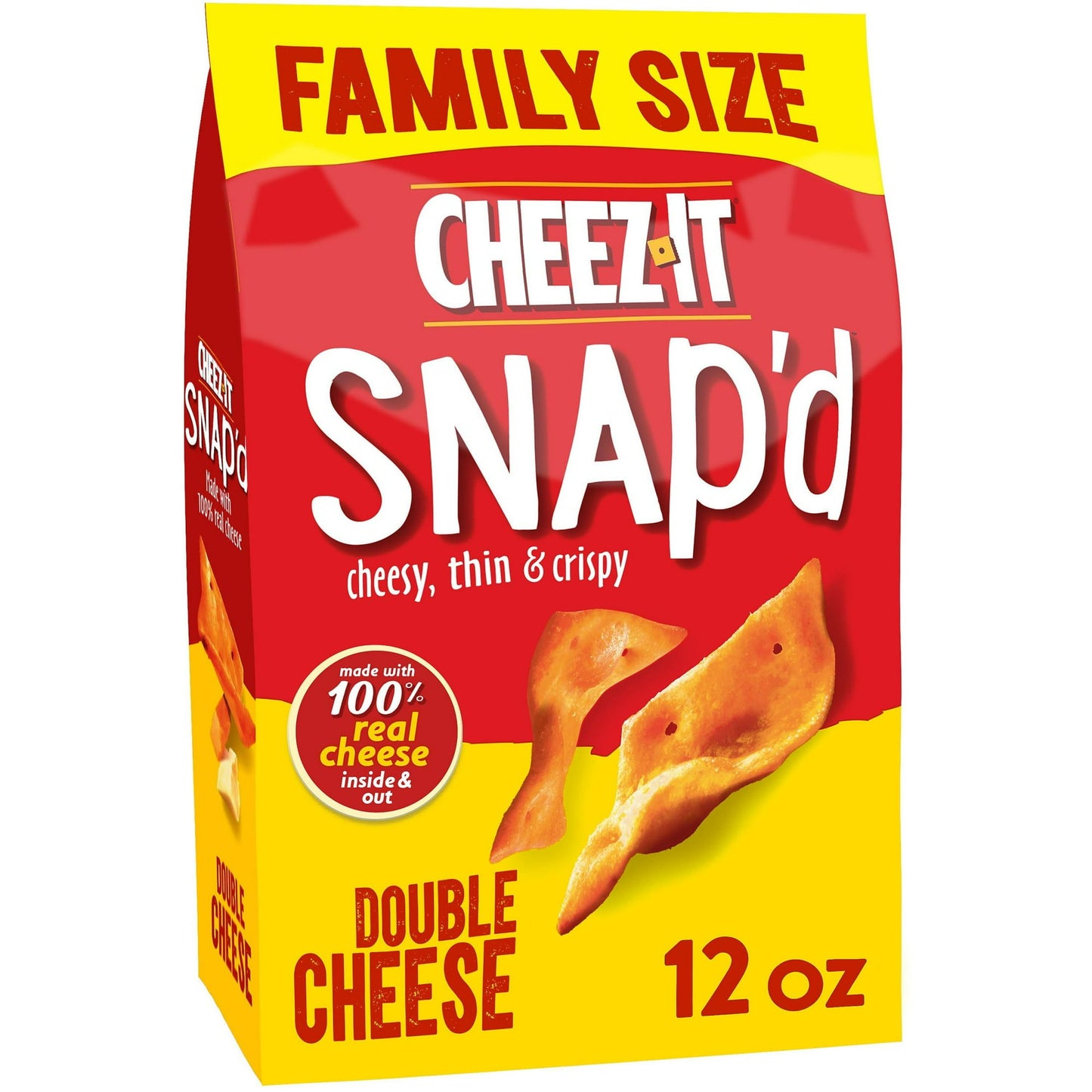 Big cheese taste inside and out, Cheez-It Snap’d Double Cheese cheese cracker chips are super thin and loaded with big double cheese flavor. Made with 100% real cheese inside and out, Cheez-It Snap'd snacks are a crowd-favorite. Snap'd snacks are delightfully thin with a crispy snap for extra crunch in every bite. Perfect for celebrating at games, adding to party spreads, pairing with sandwiches, and curing late-night savory cravings; Pack your Snap'd snacks in school lunches or as an extra snack on-the-go.