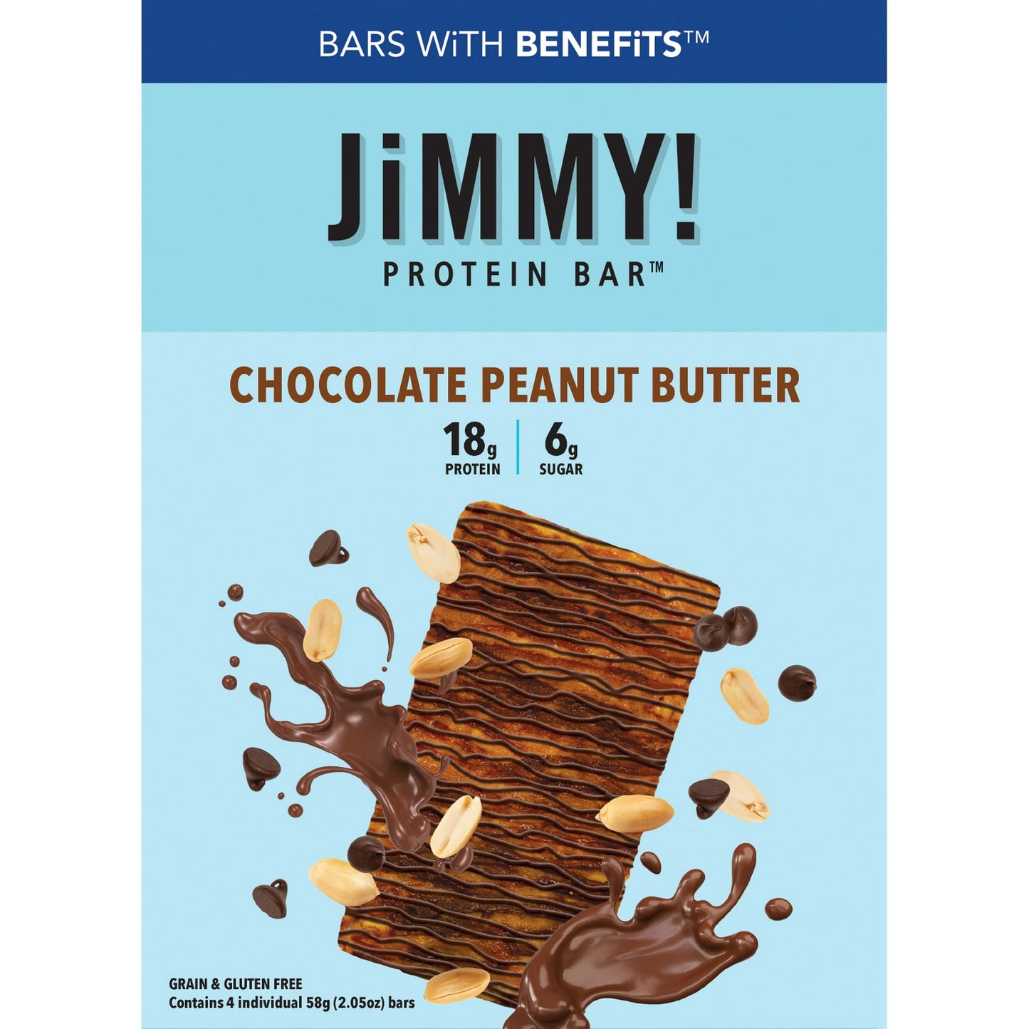 Is Chocolate Peanut Butter your fire? Your one desire? You?re not alone?it?s our best selling bar for good reason! Then you want your JiMMY! to taste this way while getting 18g of protein and only 6g of sugar! Two fan-favorite flavors whirled together to provide you your fill of chocolate and peanut buttery goodness to give you 18g of protein and only 6g of sugar!