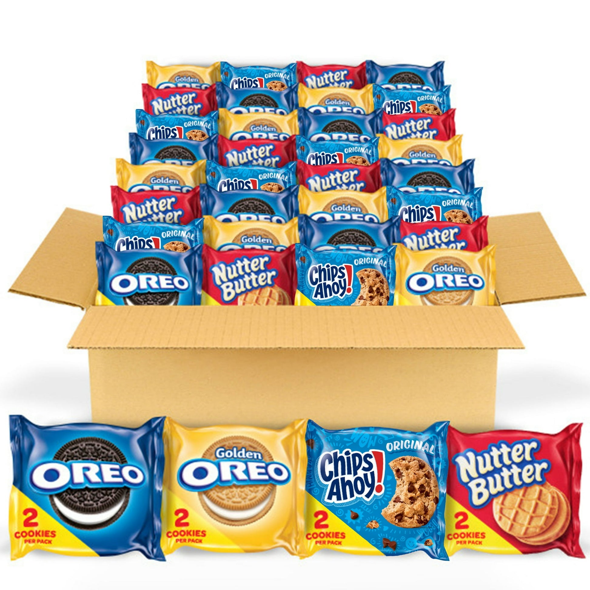 Four iconic Nabisco cookie treats in one cookie variety pack! This bulk cookie pack contains 56 total snack packs: 14 packs each (2 regular size cookies per pack) OREO Chocolate Sandwich Cookies, OREO Golden Sandwich Cookies, CHIPS AHOY! Chocolate Chip Cookies, and round Nutter Butter Sandwich Cookies. Individually wrapped cookie snack packs are perfect on the go snacks, office snacks, school lunch snacks, party favors, Halloween treats, stocking stuffers and Easter basket fillers. Add this bulk variety pac