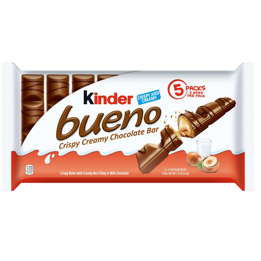 These Kinder Bueno Milk Chocolate and Hazelnut Cream candy bars come with 2 individually wrapped 0.75-ounce bars per pack, with a total of 5 packs. Kinder Bueno is a unique chocolate bar with a taste experience that defies expectation. Beneath a blanket of smooth milk chocolate lies a thin, crispy wafer filled with a creamy hazelnut filling, all topped with a delicate, dark chocolate drizzle. Both Kinder Bueno bars are satisfying but not heavy, with a texture that is anything but expected.