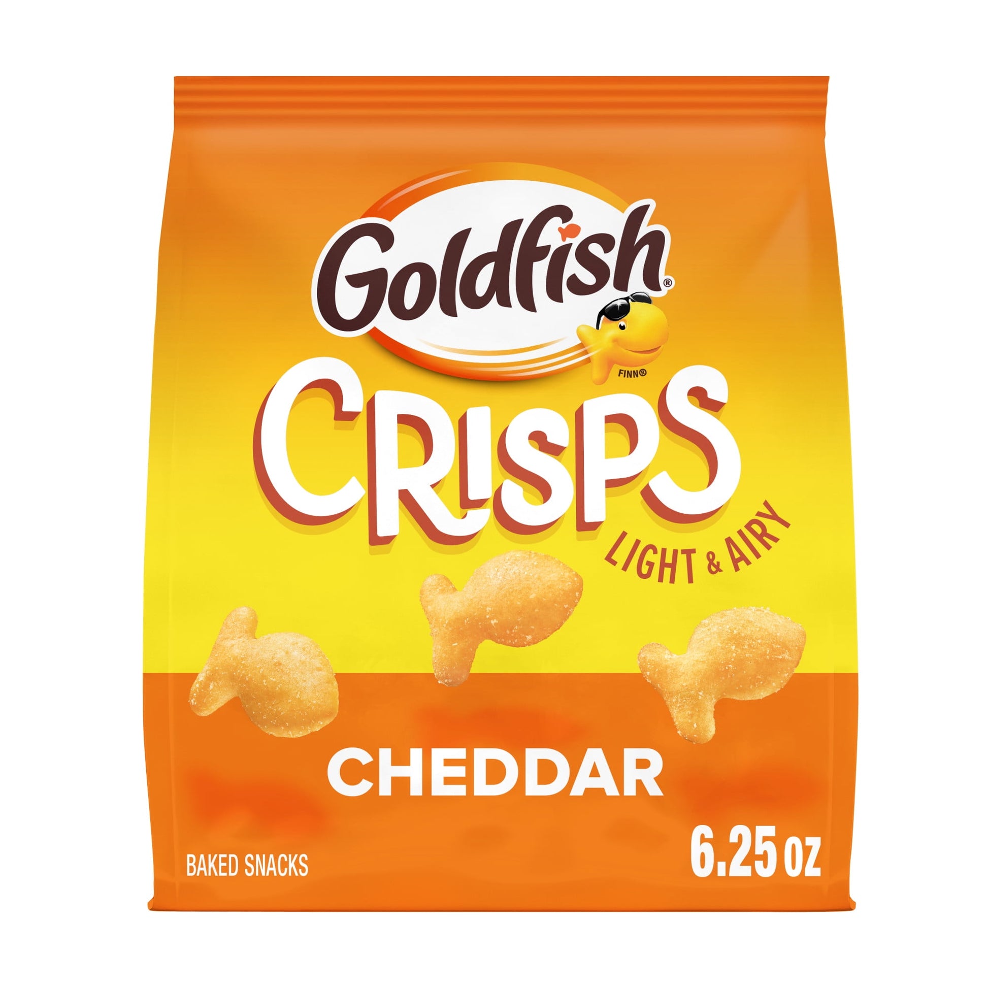 Experience New Cheddar Goldfish Crisps! These irresistible Goldfish are light and airy, always baked, and seasoned to perfection. New bite-sized Goldfish Crisps are the perfect chip-like snack, baked with potato and wheat! Delivering a bold cheddar punch, these crisps are seasoned to perfection and ready for your enjoyment. The 6.25-ounce bag is perfect for sharing, solo snacking, or taking on the go. Try these delicious, fish shaped crisps - available in Cheddar, Sour Cream and Onion, and Salt and Vinegar 