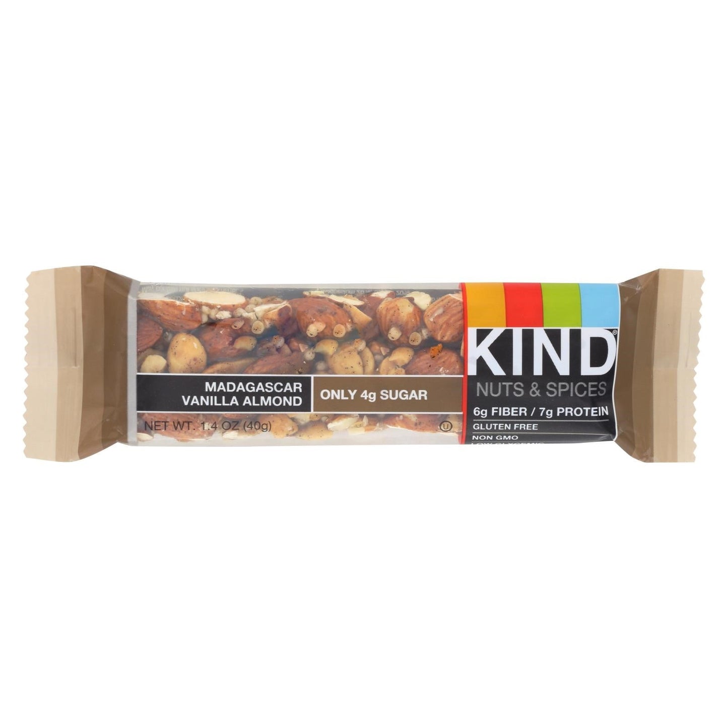 Only 4 g sugar. 7 g protein/5 g fiber. All natural/non-GMO. Gluten free. No sugar alcohols. Low glycemic. Very low sodium. Dairy free. Finally, a delicious bar with only 4 g of sugar made from all natural ingredients you can see and pronounce! Kind Madagascar Vanilla Almond is the natural way to reduce sugar with only 4 g. Its nutritionally rich, low glycemic, delicious ingredients - with 7 g of protein and 5 g of fiber - keep you fuller longer. A study by the Yale Griffin Prevention Research Center indicat