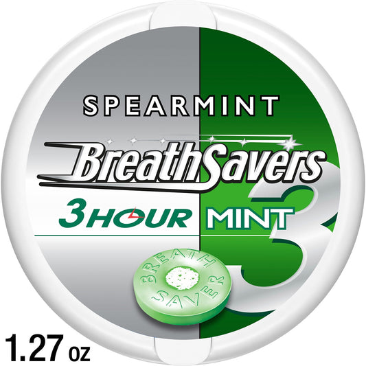 Pop in a 3-hour breath mint when you need a cooling zing of spearmint flavor. Enjoy the confidence of knowing these mints will neutralize your bad breath and rejuvenate your mouth for up to three full hours. BREATH SAVERS 3-hour spearmint flavored breath mints are the perfect minty treat when you need it most — especially after a cup of coffee or a large meal full of garlic and onion! Keep a tin wherever you are for the peace of mind that your breath is always covered. Keep them in your car, desk, pocketboo