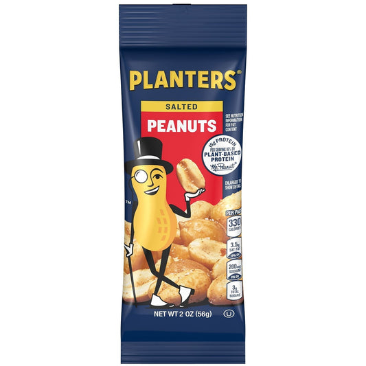 Planters Salted Peanuts make a great snack for in the office or on the go. • Seasoned and roasted USA-grown and harvested peanuts. • Individually wrapped bags. • 144 bags per case. • Sold as 144/Carton.