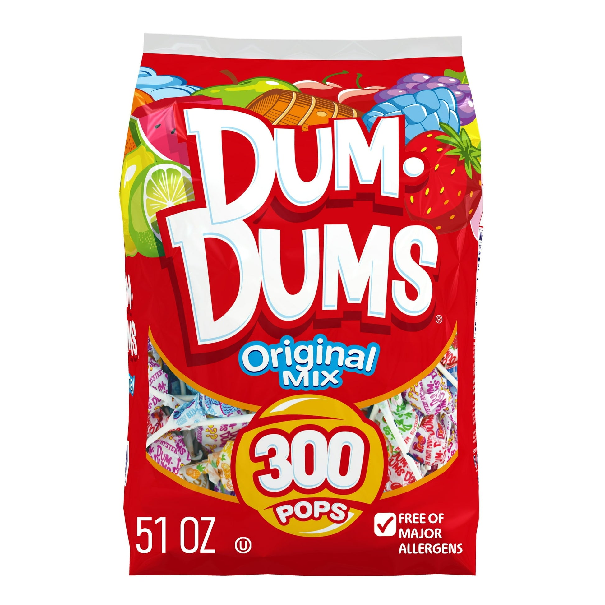 Add Dum-Dums to your shopping list! Up to sixteen flavors included in each 51 ounce pack including delicious fruity flavors like Blu Raspberry, Fruit Punch, Watermelon, Pineapple, Cherry and Sour Apple. You’ll also find all-time favorites like Cream Soda, Root Beer, Butterscotch. And don’t forget the famous Mystery Flavor which will keep you guessing! Dum Dums have a way of brightening life's everyday moments at home, on the go, or at work. Share Dum-Dums with your family, friends, students, or customers. T