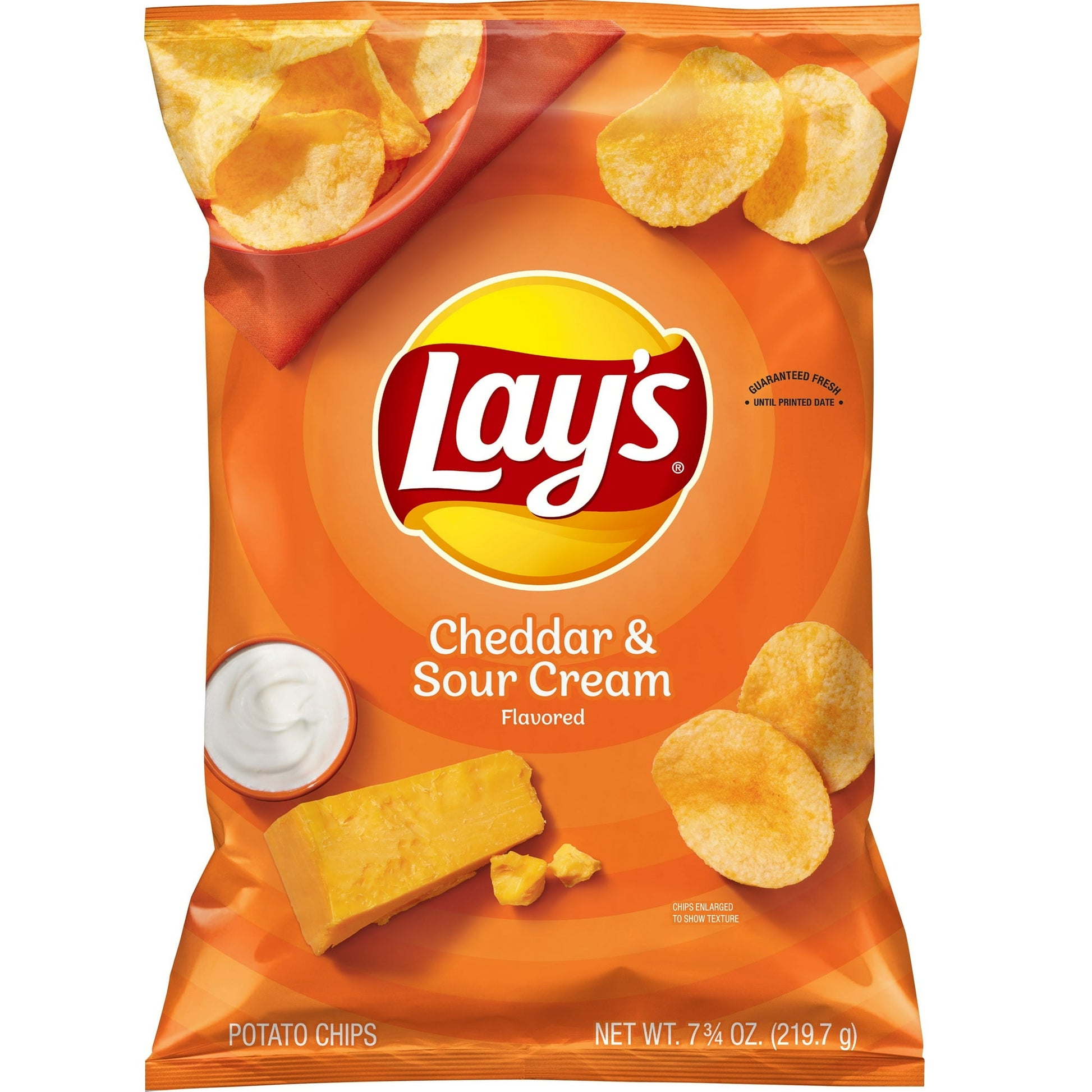 Tantalize your tastebuds with Lay's Potato Chips Cheddar and Sour Cream. The Lay's brand has been creating crispy, crunchy, savory snacks for over 75 years, with a variety of flavors as rich as the company's history. Every bag of of Lay's chips are crafted to the utmost standards; because each bag is sent directly from their facility, every single bag of chips are as fresh tasting as they are delicious, backed by the company's freshness guarantee. This tantalizing blend fuses one of their most popular flavo