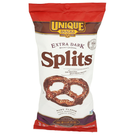 UNIQUE PRETZEL BAKERY EXTRA DARK PRETZEL SPLITS ARE A CERTIFIED KOSHER SNACK. WITH PRETZEL SPLITS, THE INSIDE OF THE PRETZEL HAS BEEN REMOVED, LEAVING ONLY THE SHELL. THIS 11 OZ. BAG CONTAINS NO TRANS FAT, AND THE PRETZEL SPLITS ARE CRUNCHY AND LIGHT IN TEXTURE. SEE NUTRITION FACTS PANEL FOR ALLERGENS.