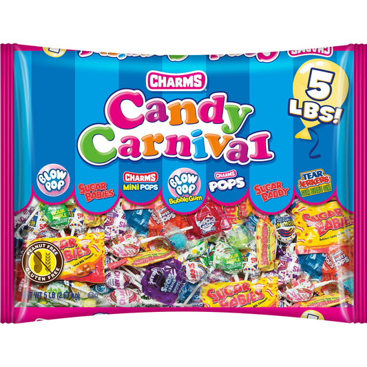 Charms Candy Carnival consists of Blow Pop. Sugar Babies. Charms Mini Pops. Sugar Daddy. Charms Pops. Blow Pop Bubble Gum. Tear Jerkers Sour Bubble Gum. Peanut free. Gluten free. Product sold by weight not volume. Contents tend to settle after packaging. Assortment may vary. Produced in a facility that does not use peanuts, tree nuts or gluten. Scan or call for more food information. Product made in Canada and USA from domestic and imported ingredients.