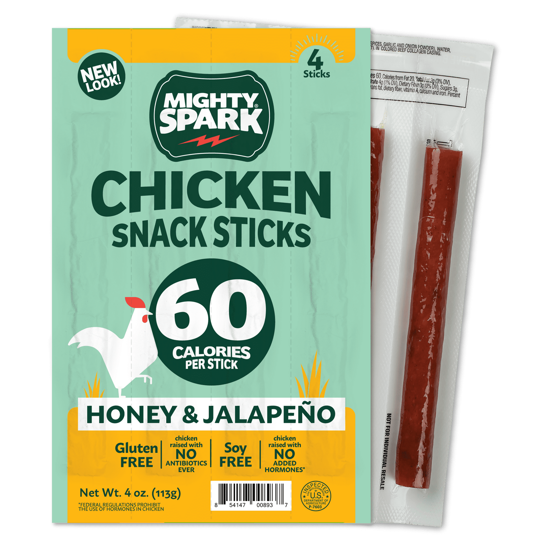 Mighty Spark Honey & Jalapeno Chicken Snack Sticks feature a sweet flavor with a touch of heat, making them a delicious solution for your next hunger emergency. Hand-crafted from simple and honest ingredients, we use only premium cuts of all-natural chicken raised with no antibiotics and no added hormones. This pack includes four, 1-ounce snack sticks, so they are the ideal on-the-go snack for road trips, kids’ lunches, or to have on hand at your desk. These savory chicken sticks are not only delicious and 