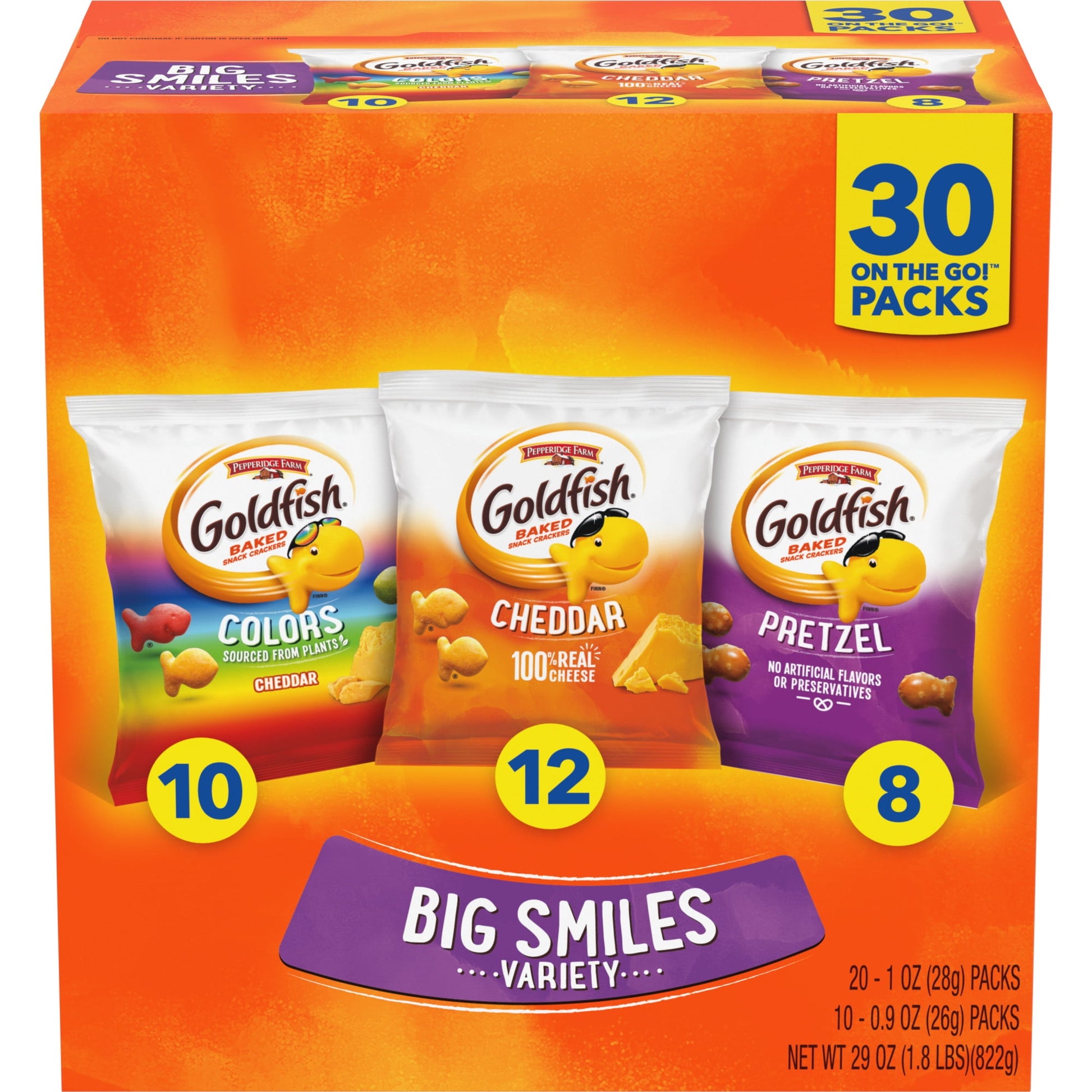 The irresistible little snack that always delights! This assortment of munchable, crunchable snack crackers includes Goldfish Cheddar, Goldfish Colors Cheddar and tasty Goldfish Pretzels. Goldfish Cheddar and Goldfish Colors Cheddar are baked with 100% Cheddar cheese. Goldfish Pretzels are crisp and delicious. All three flavors are always baked and made with no artificial flavors or preservatives. Talk about a feel-good snack! Goldfish snack crackers are great for lunch as well as snack-time munching. You c