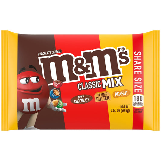 Shake up your day with NEW M&M’S Classic Mix Chocolate Candy packs. M&M’S Classic Mix features M&M’S Milk Chocolate, M&M’S Peanut Butter Chocolate, and M&M’S Peanut Chocolate candy together in one bag. What's better than enjoying just one of these delicious M&M'S candy flavors? Enjoying all three at once! This exciting assorted candy mix will please every chocolate candy fan. Perfect for taking on road trips and outdoor adventures to join your hiking snacks or add to your trail mix. Share a handful and enjo