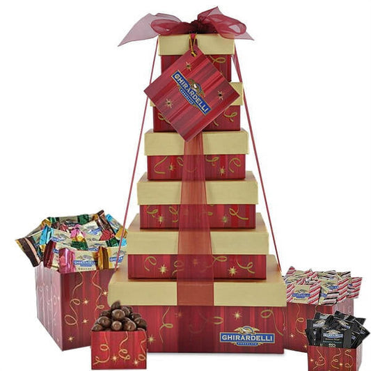 The Ghirardelli Delight Chocolate Gift Tower features a collection of the slow-melting Ghirardelli chocolate squares with luscious fillings. 45 pieces in total featuring seasonal favorites: Limited-Edition Peppermint, Dark Chocolate Sea Salt Caramel, Milk Chocolate, Dark Chocolate and Milk Chocolate Caramel. This is a perfect gift for sharing and to show someone how much you care!