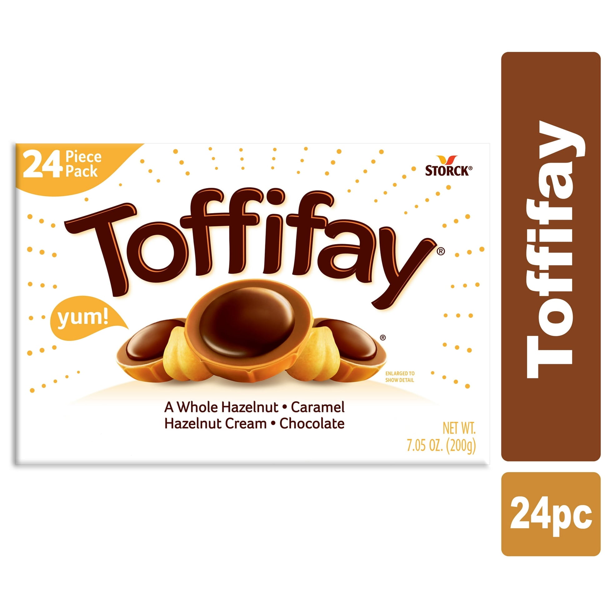 Toffifay candy is a combination that's perfect for every taste; a chewy caramel candy cup, a whole hazelnut, chocolate hazelnut filling and a drop of delicious chocolate. Toffifay is enjoyed by people in more than one hundred countries around the world. Served up in a distinctive golden tray, Toffifay takes you out of the ordinary with its wondrous array of flavors and textures in every deeply satisfying bite. This 24 piece box of Toffifay candy that's perfect for gifting at Christmas or around the holiday 